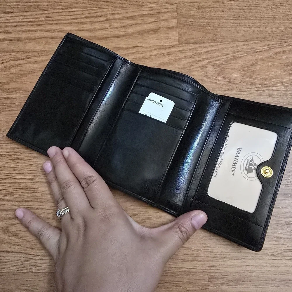 Brahmin Black Leather Compact Tri Fold Wallet Crocodile Embossed Multi Card NWOT